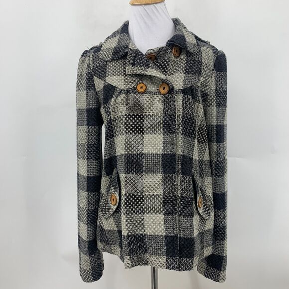 Billabong Pea Coat Blazer Womens M Medium Multi Checkered Wool Blend Button Up - Picture 2 of 12